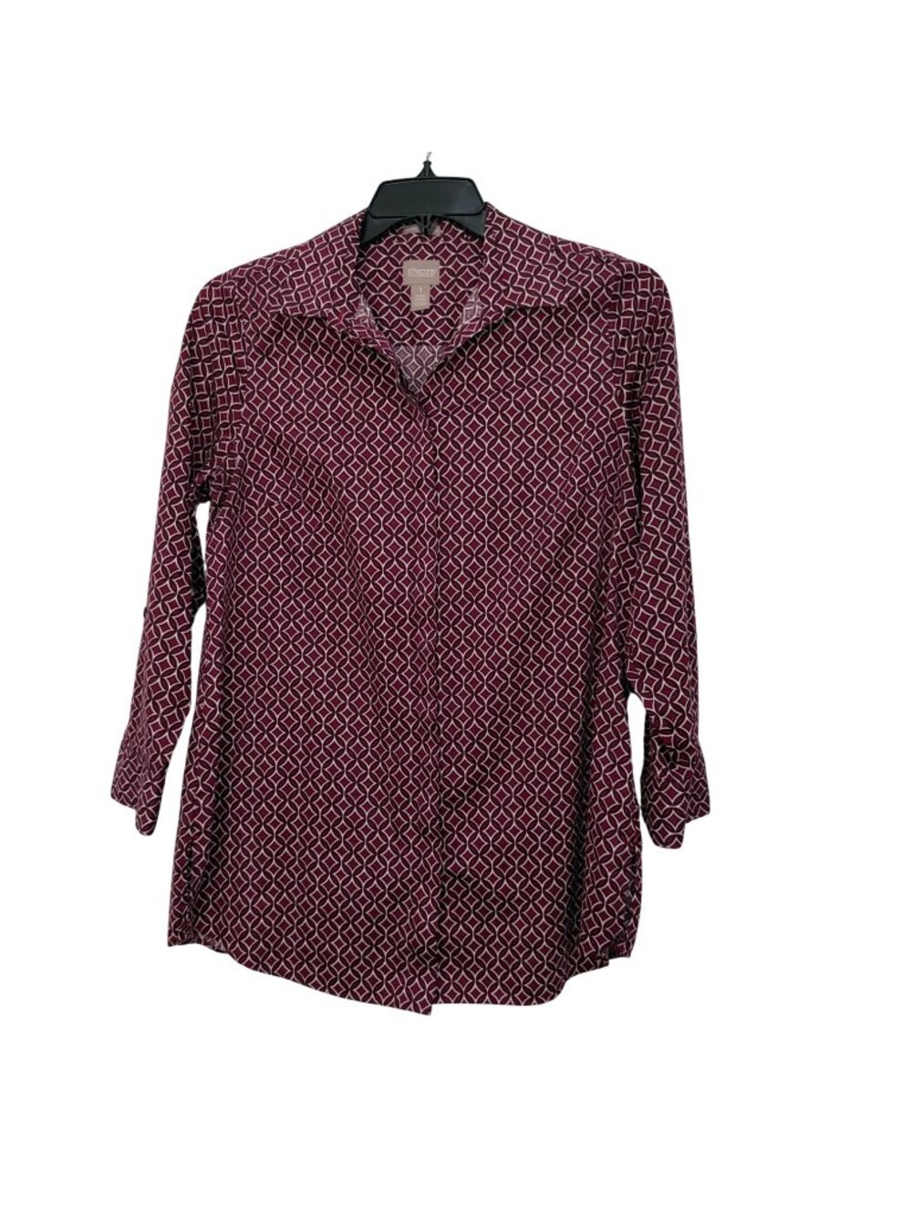 Chicos Burgundy Geometric Print Button-Up Shirt Womens Size 1 Wrinkle Resistant